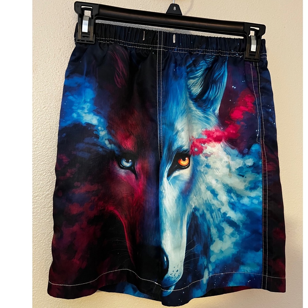 Wolf Cosmic Graphic Swim Trunks Kids Good & Preowned Board Shorts Lined Large